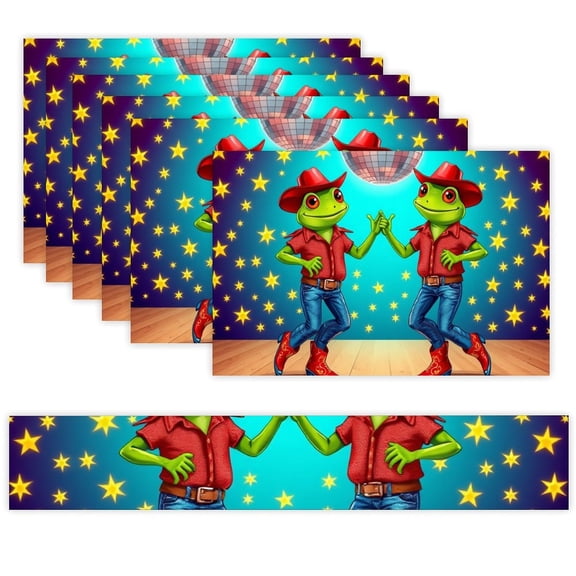 7 Piece Linen Table Runner and Placemats Set, Frog Cowboy Dancing Round Corner Heat Resistant Washable Table Mats for Home Kitchen Dining Party Decoration