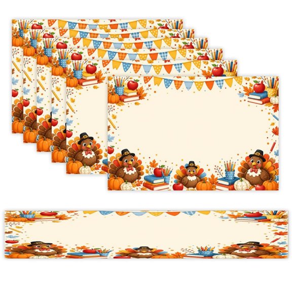 7 Piece Linen Table Runner and Placemats Set, Fun Turkey Books School Theme Round Corner Heat Resistant Washable Table Mats for Home Kitchen Dining Party Decoration