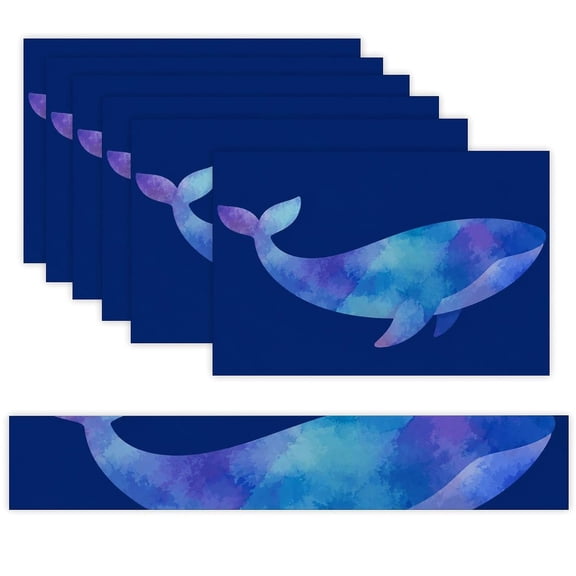 7 Piece Linen Table Runner and Placemats Set, Galaxy Whale Silhouette Round Corner Heat Resistant Washable Table Mats for Home Kitchen Dining Party Decoration