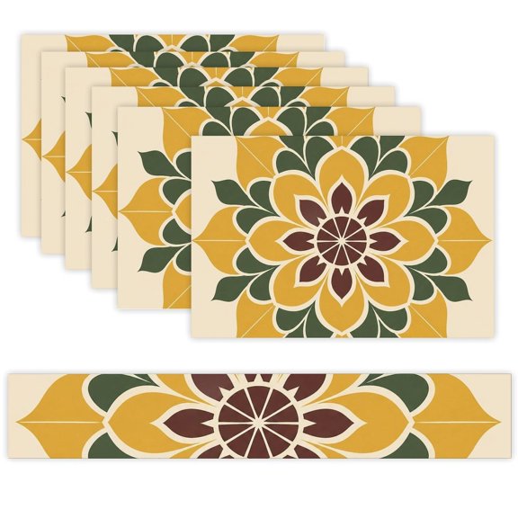 7 Piece Linen Table Runner and Placemats Set, Geometric Sunflower Mandala Design Round Corner Heat Resistant Washable Table Mats for Home Kitchen Dining Party Decoration