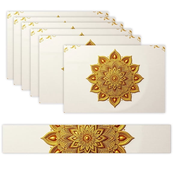 7 Piece Linen Table Runner and Placemats Set, Gold Mandala Art Round Corner Heat Resistant Washable Table Mats for Home Kitchen Dining Party Decoration