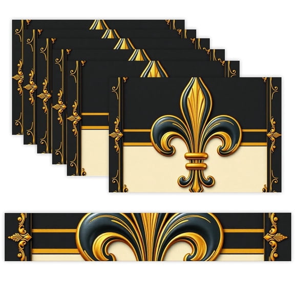 7 Piece Linen Table Runner and Placemats Set, Gold Royal Emblem Round Corner Heat Resistant Washable Table Mats for Home Kitchen Dining Party Decoration