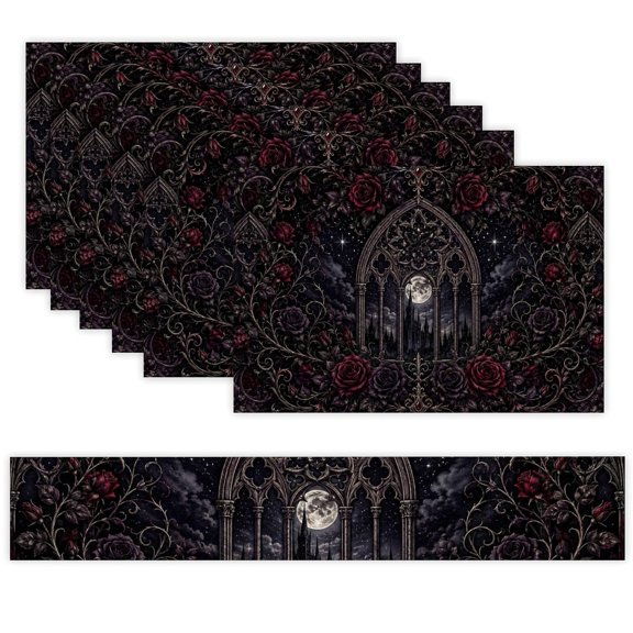 7 Piece Linen Table Runner and Placemats Set, Gothic Cathedral Window Moonlit Roses Round Corner Heat Resistant Washable Table Mats for Home Kitchen Dining Party Decoration