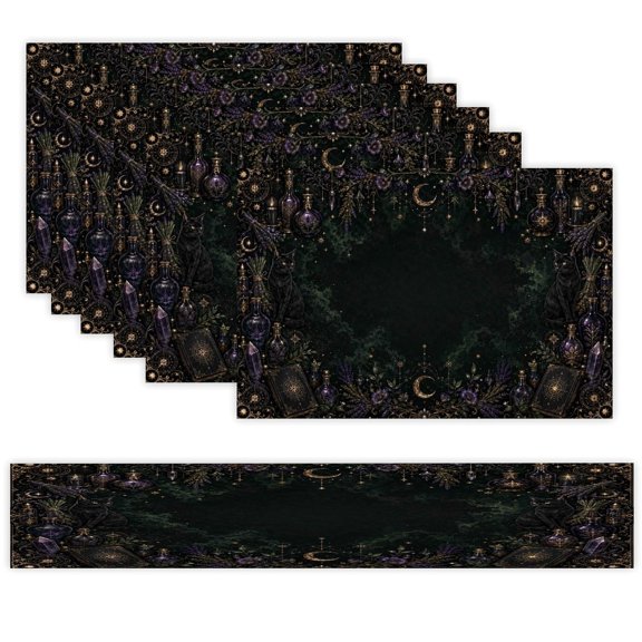 7 Piece Linen Table Runner and Placemats Set, Gothic Celestial Witch Potion Magic Round Corner Heat Resistant Washable Table Mats for Home Kitchen Dining Party Decoration