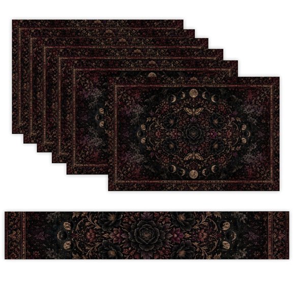 7 Piece Linen Table Runner and Placemats Set, Gothic Floral Moon Mandala Round Corner Heat Resistant Washable Table Mats for Home Kitchen Dining Party Decoration