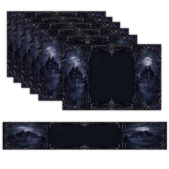 7 Piece Linen Table Runner and Placemats Set, Gothic Haunted Mansion Purple Castle Round Corner Heat Resistant Washable Table Mats for Home Kitchen Dining Party Decoration