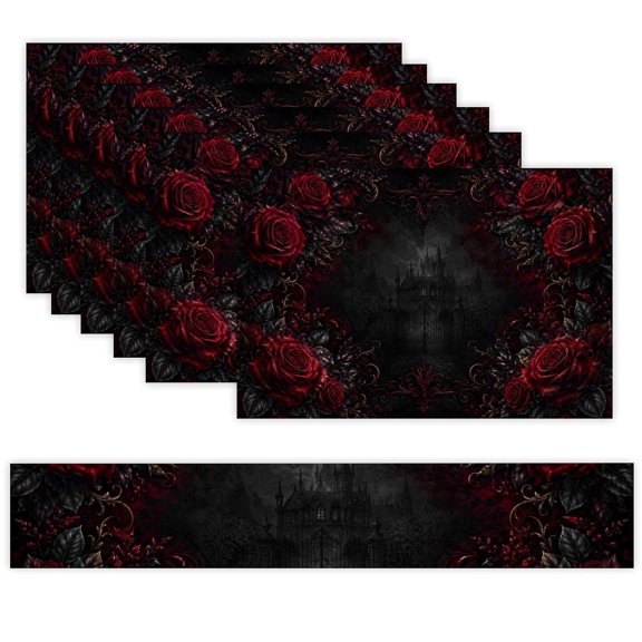7 Piece Linen Table Runner and Placemats Set, Gothic Roses Horror Misty Mansion Round Corner Heat Resistant Washable Table Mats for Home Kitchen Dining Party Decoration