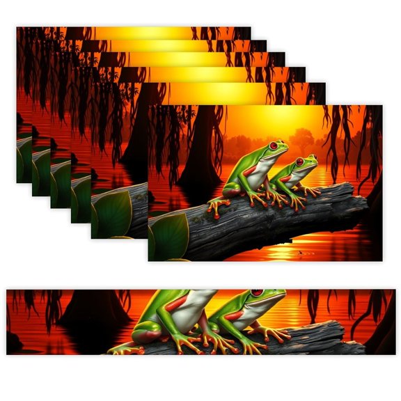 7 Piece Linen Table Runner and Placemats Set, Green Frogs Swamp Sunset Round Corner Heat Resistant Washable Table Mats for Home Kitchen Dining Party Decoration