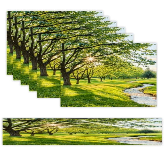 7 Piece Linen Table Runner and Placemats Set, Green Meadow Stream Sunshine Round Corner Heat Resistant Washable Table Mats for Home Kitchen Dining Party Decoration