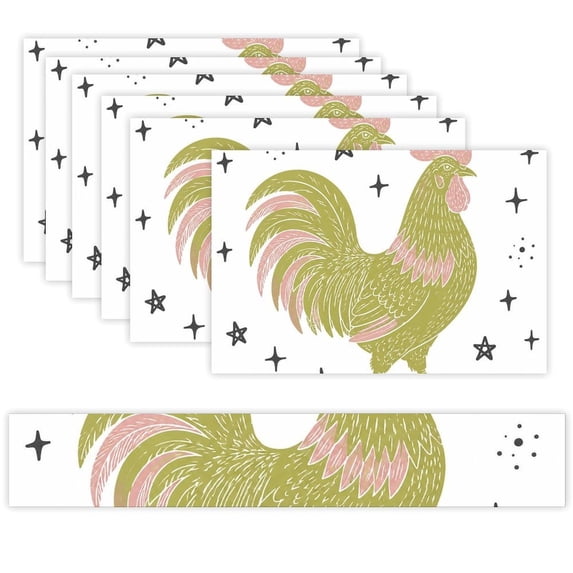 7 Piece Linen Table Runner and Placemats Set, Green Rooster Starry Sky ...