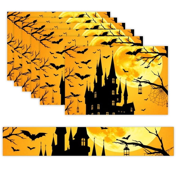 7 Piece Linen Table Runner and Placemats Set, Halloween Castle Moon Round Corner Heat Resistant Washable Table Mats for Home Kitchen Dining Party Decoration