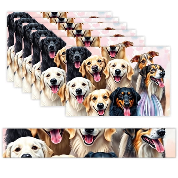 7 Piece Linen Table Runner and Placemats Set, Happy Dogs Group Portrait Round Corner Heat Resistant Washable Table Mats for Home Kitchen Dining Party Decoration