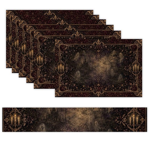 7 Piece Linen Table Runner and Placemats Set, Haunted Ghost Mansion Gothic Round Corner Heat Resistant Washable Table Mats for Home Kitchen Dining Party Decoration