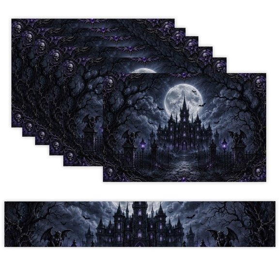 7 Piece Linen Table Runner and Placemats Set, Haunted Moon Mansion Bats Gothic Round Corner Heat Resistant Washable Table Mats for Home Kitchen Dining Party Decoration