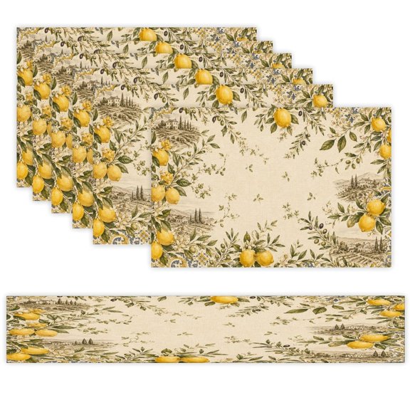 7 Piece Linen Table Runner and Placemats Set, Italian Lemon Orchard Round Corner Heat Resistant Washable Table Mats for Home Kitchen Dining Party Decoration