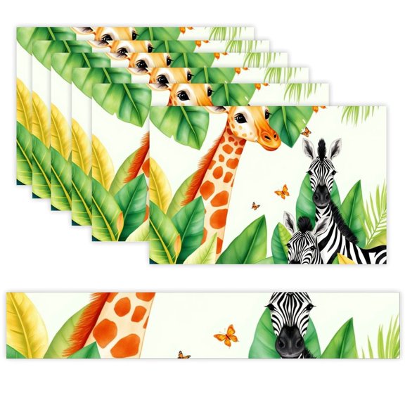 7 Piece Linen Table Runner and Placemats Set, Jungle Animal Friends Giraffe Zebra Round Corner Heat Resistant Washable Table Mats for Home Kitchen Dining Party Decoration