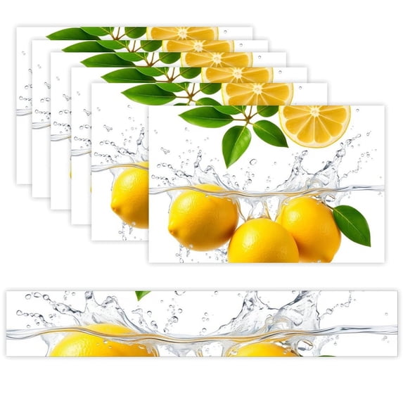 7 Piece Linen Table Runner and Placemats Set, Lemon Splash Fresh Round ...