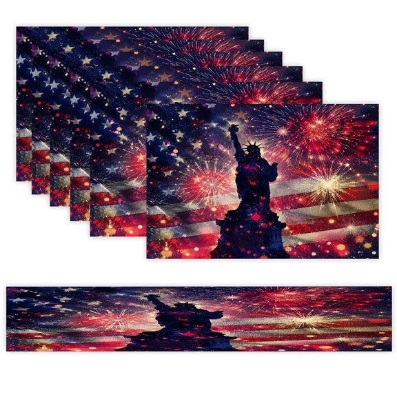 7 Piece Linen Table Runner and Placemats Set, Liberty Statue Fireworks Night Glow Round Corner Heat Resistant Washable Table Mats for Home Kitchen Dining Party Decoration