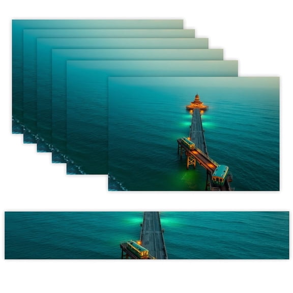 7 Piece Linen Table Runner and Placemats Set, Lighthouse Ocean Pier Round Corner Heat Resistant Washable Table Mats for Home Kitchen Dining Party Decoration