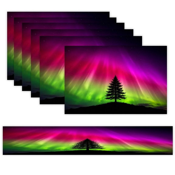 7 Piece Linen Table Runner and Placemats Set, Lone Tree Aurora Silhouette Round Corner Heat Resistant Washable Table Mats for Home Kitchen Dining Party Decoration