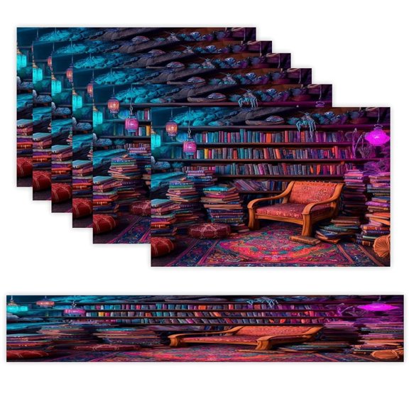 7 Piece Linen Table Runner and Placemats Set, Magic Library Cave Interior Round Corner Heat Resistant Washable Table Mats for Home Kitchen Dining Party Decoration