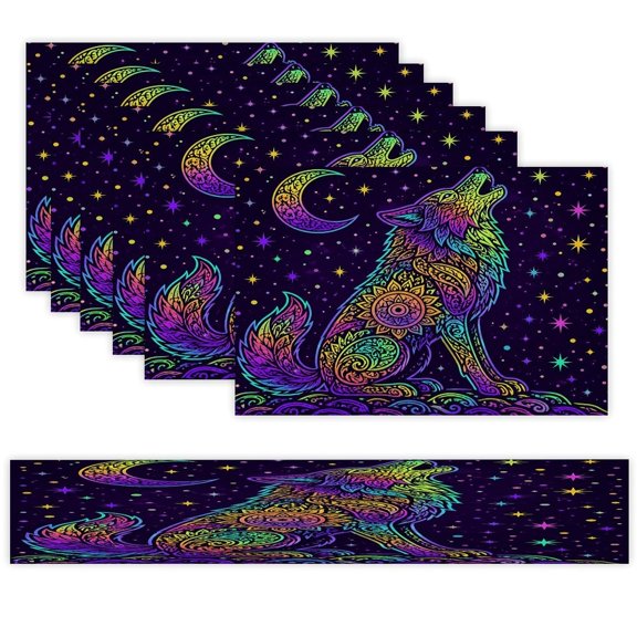 7 Piece Linen Table Runner and Placemats Set, Mandala Wolf Howl Round Corner Heat Resistant Washable Table Mats for Home Kitchen Dining Party Decoration