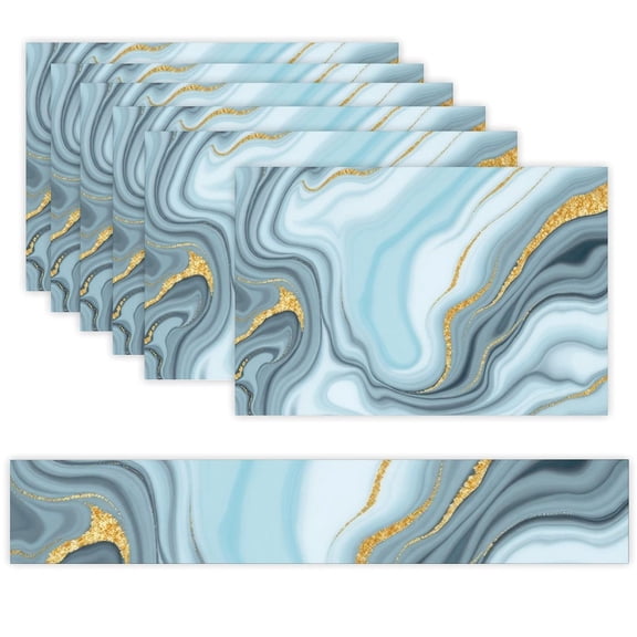 7 Piece Linen Table Runner and Placemats Set, Marble Blue Gold Round Corner Heat Resistant Washable Table Mats for Home Kitchen Dining Party Decoration