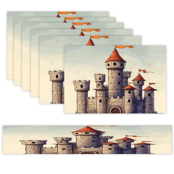 7 Piece Linen Table Runner and Placemats Set, Medieval Castle Tower Illustration Round Corner Heat Resistant Washable Table Mats for Home Kitchen Dining Party Decoration