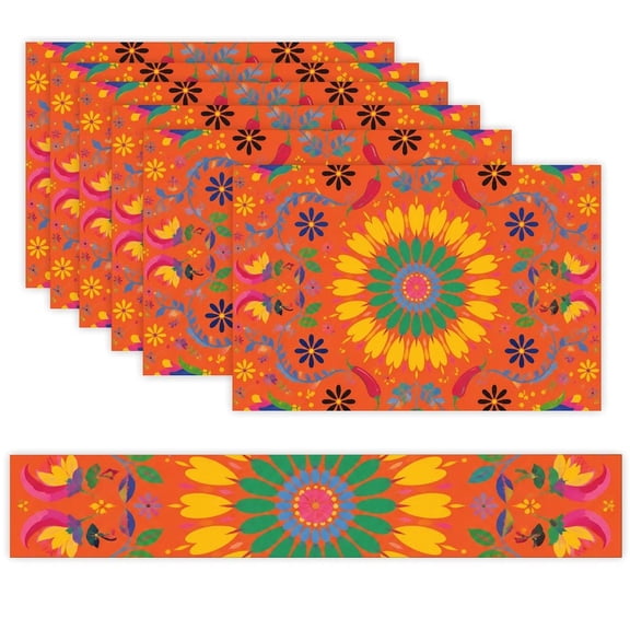 7 Piece Linen Table Runner and Placemats Set, Mexican Floral Mandala Round Corner Heat Resistant Washable Table Mats for Home Kitchen Dining Party Decoration