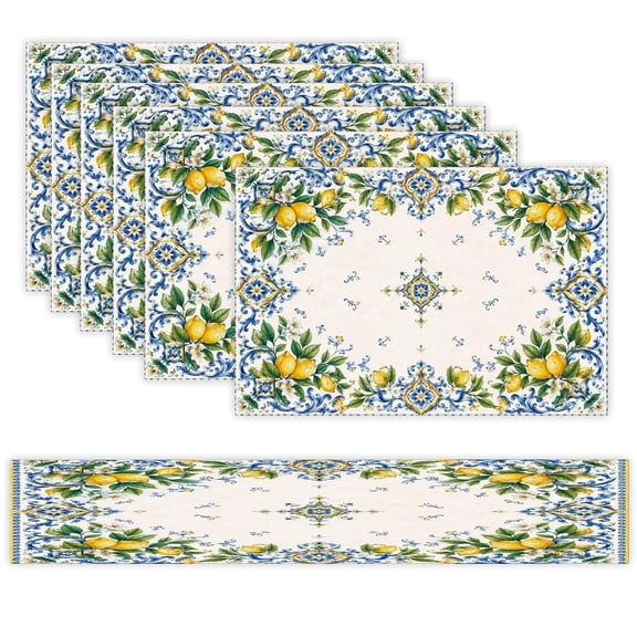 7 Piece Linen Table Runner and Placemats Set, Minimal Mediterranean Lemon Luxe Round Corner Heat Resistant Washable Table Mats for Home Kitchen Dining Party Decoration