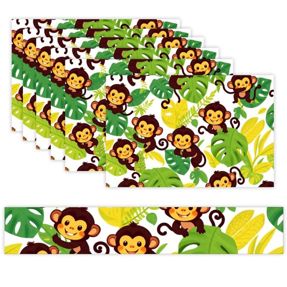 7 Piece Linen Table Runner and Placemats Set, Monkey Pattern Jungle Round Corner Heat Resistant Washable Table Mats for Home Kitchen Dining Party Decoration