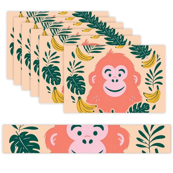 7 Piece Linen Table Runner and Placemats Set, Monkey Portrait Wreath Round Corner Heat Resistant Washable Table Mats for Home Kitchen Dining Party Decoration