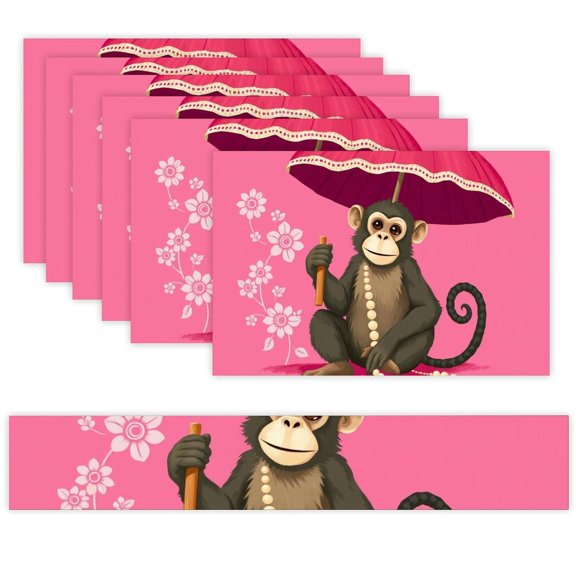 7 Piece Linen Table Runner and Placemats Set, Monkey Umbrella Pink Cute Round Corner Heat Resistant Washable Table Mats for Home Kitchen Dining Party Decoration