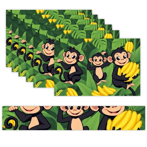 7 Piece Linen Table Runner and Placemats Set, Monkeys Bananas Jungle Cartoon Round Corner Heat Resistant Washable Table Mats for Home Kitchen Dining Party Decoration