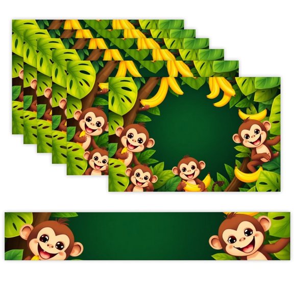 7 Piece Linen Table Runner and Placemats Set, Monkeys Bananas Pattern Round Corner Heat Resistant Washable Table Mats for Home Kitchen Dining Party Decoration