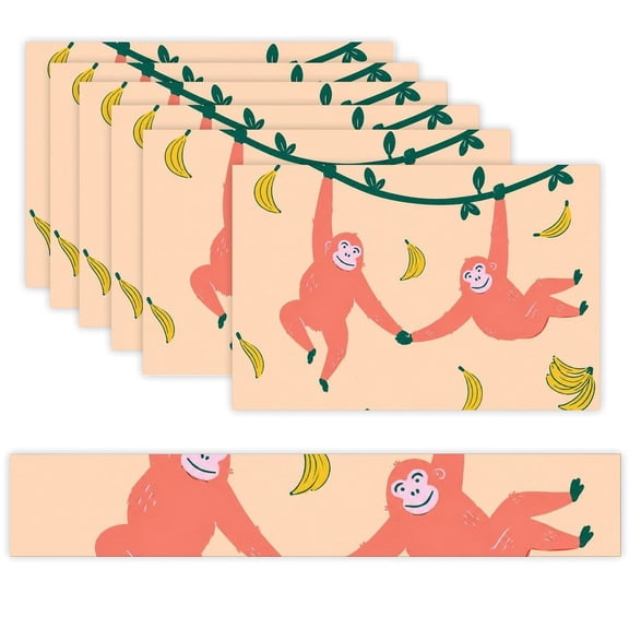 7 Piece Linen Table Runner and Placemats Set, Monkeys Swinging Bananas Round Corner Heat Resistant Washable Table Mats for Home Kitchen Dining Party Decoration