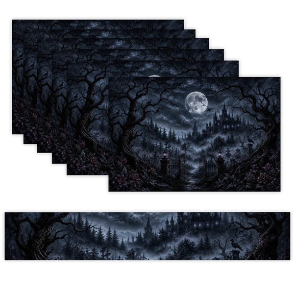 7 Piece Linen Table Runner and Placemats Set, Moonlit Gothic Mansion Misty Forest Round Corner Heat Resistant Washable Table Mats for Home Kitchen Dining Party Decoration