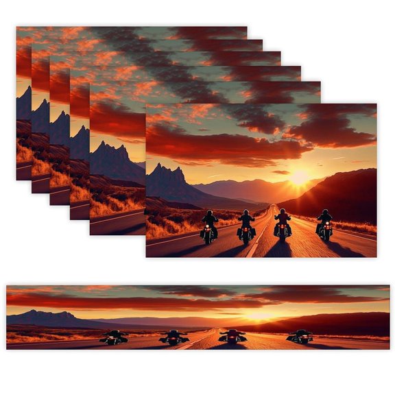 7 Piece Linen Table Runner and Placemats Set, Motorcycles Sunset Road Mountain Round Corner Heat Resistant Washable Table Mats for Home Kitchen Dining Party Decoration