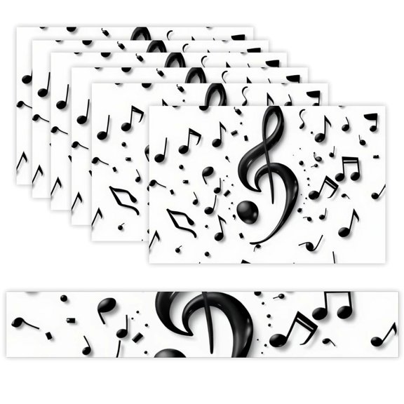 7 Piece Linen Table Runner and Placemats Set, Music Treble Clef Notes Art Round Corner Heat Resistant Washable Table Mats for Home Kitchen Dining Party Decoration