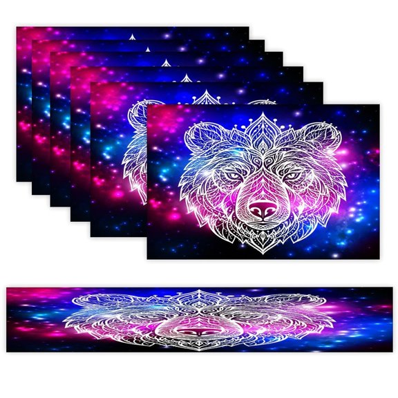 7 Piece Linen Table Runner and Placemats Set, Mystical Wolf Mandala Neon Round Corner Heat Resistant Washable Table Mats for Home Kitchen Dining Party Decoration