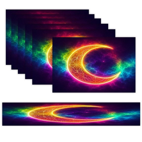 7 Piece Linen Table Runner and Placemats Set, Neon Crescent Mandala Round Corner Heat Resistant Washable Table Mats for Home Kitchen Dining Party Decoration