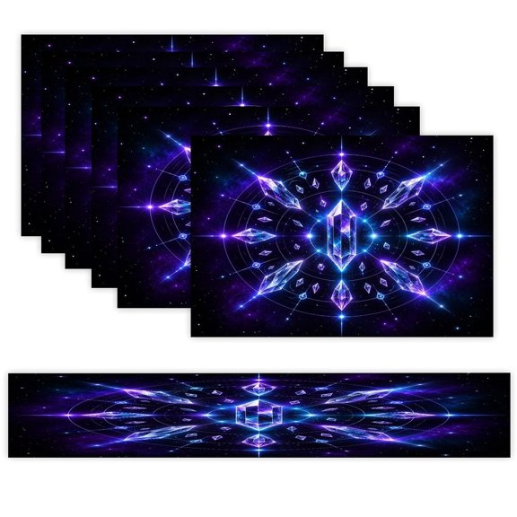 7 Piece Linen Table Runner and Placemats Set, Neon Crystal Mandala Star Light Round Corner Heat Resistant Washable Table Mats for Home Kitchen Dining Party Decoration