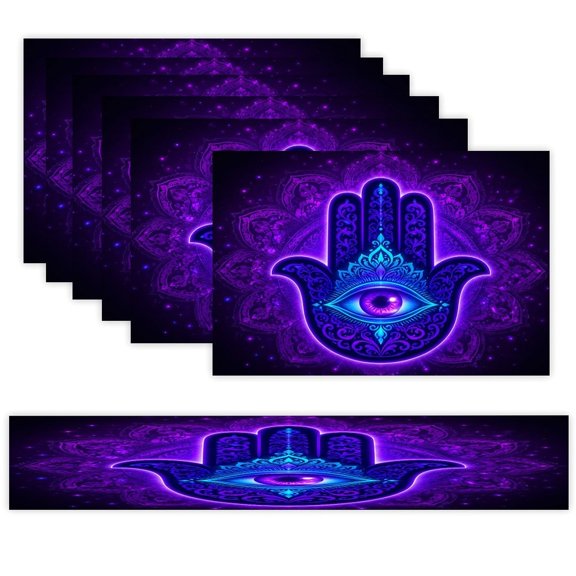 7 Piece Linen Table Runner and Placemats Set, Neon Hamsa Hand Evil Eye Mandala Round Corner Heat Resistant Washable Table Mats for Home Kitchen Dining Party Decoration