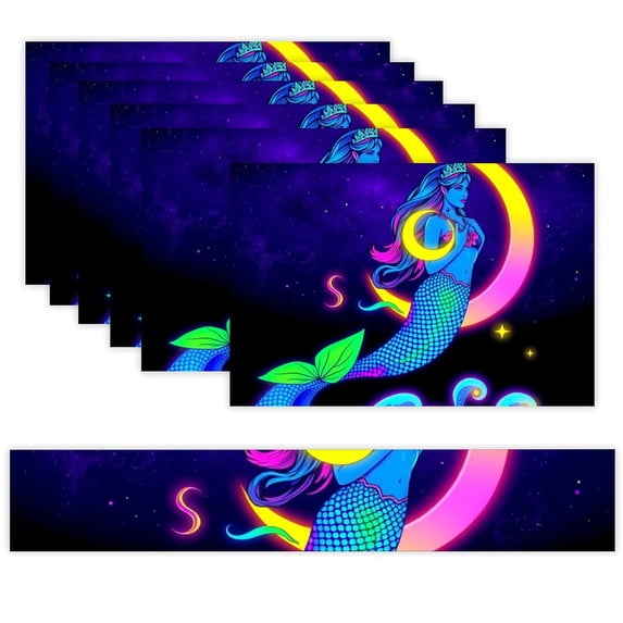 7 Piece Linen Table Runner and Placemats Set, Neon Mermaid Moon Fantasy ...
