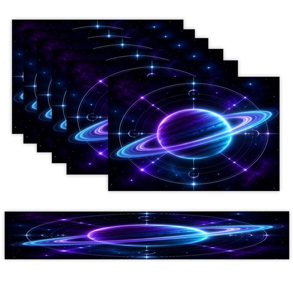 7 Piece Linen Table Runner and Placemats Set, Neon Saturn Planet Ring Orbit Round Corner Heat Resistant Washable Table Mats for Home Kitchen Dining Party Decoration