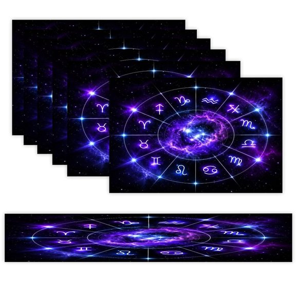 7 Piece Linen Table Runner and Placemats Set, Neon Zodiac Wheel Galaxy Sign Round Corner Heat Resistant Washable Table Mats for Home Kitchen Dining Party Decoration