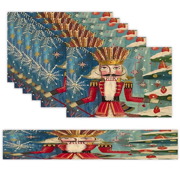 7 Piece Linen Table Runner and Placemats Set, Nutcracker Folk Art Snowflakes Round Corner Heat Resistant Washable Table Mats for Home Kitchen Dining Party Decoration