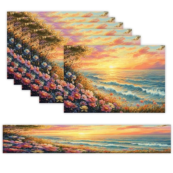 7 Piece Linen Table Runner and Placemats Set, Ocean Flowers Sunset Round Corner Heat Resistant Washable Table Mats for Home Kitchen Dining Party Decoration