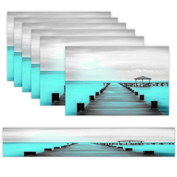 7 Piece Linen Table Runner and Placemats Set, Ocean Pier Tropical View Round Corner Heat Resistant Washable Table Mats for Home Kitchen Dining Party Decoration