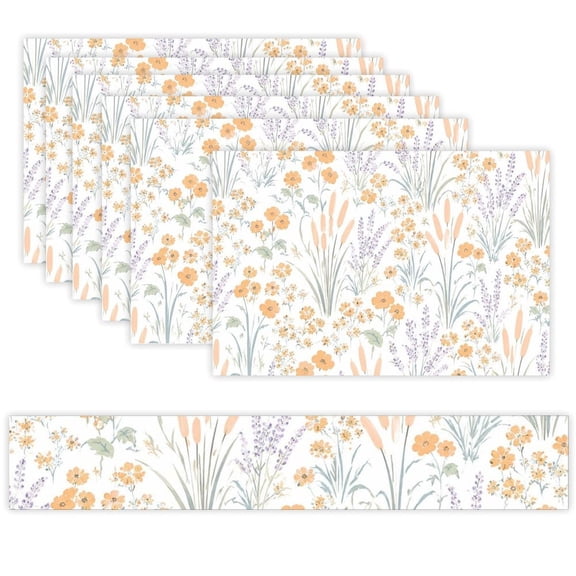 7 Piece Linen Table Runner and Placemats Set, Orange Lavender Field Round Corner Heat Resistant Washable Table Mats for Home Kitchen Dining Party Decoration